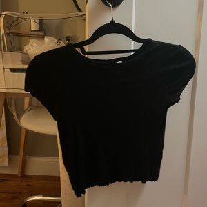 ribbed black t shirt crop top with lettuce trimming on the edges